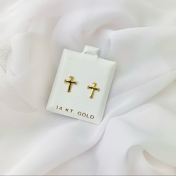 14KT Yellow gold cross charm tiny stud earring for woman - Picture 3 of 4